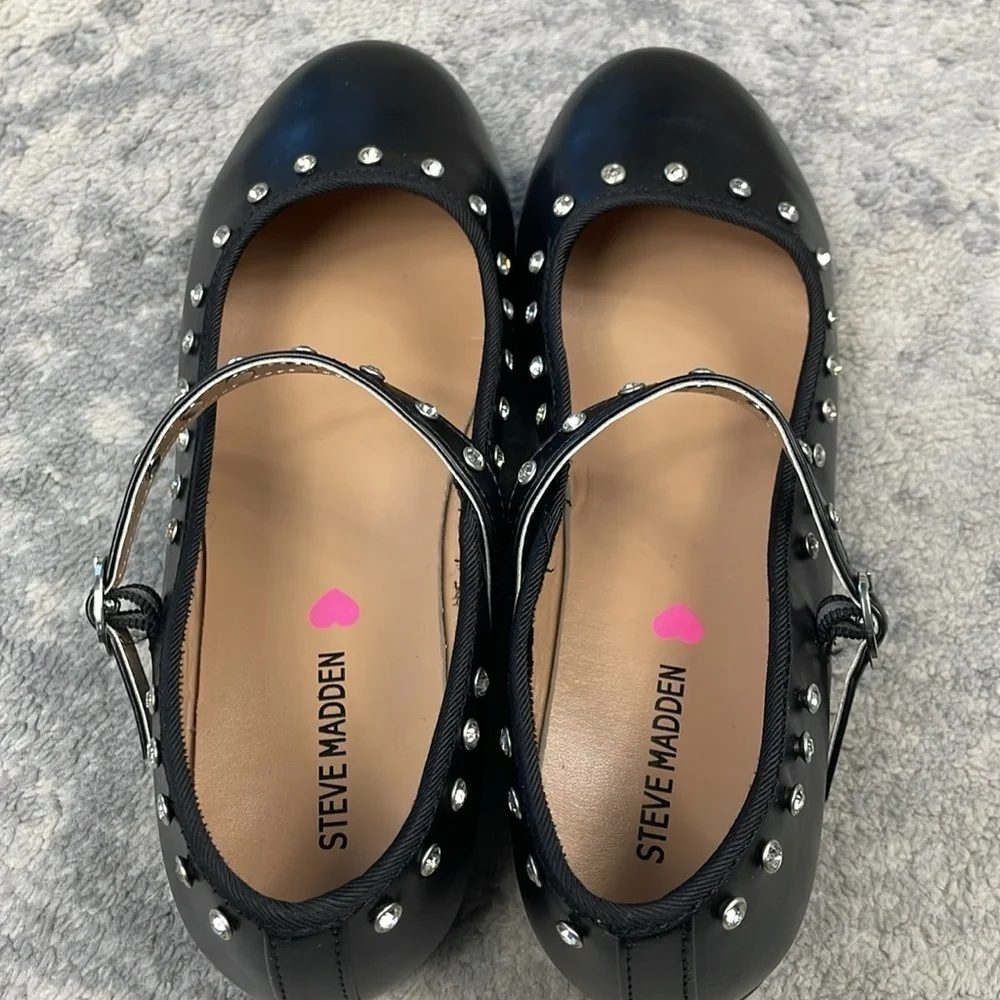 New Steve Madden JRea Crystal Embellished Mary Jane Ballet Flats Black Sz 5 Girl